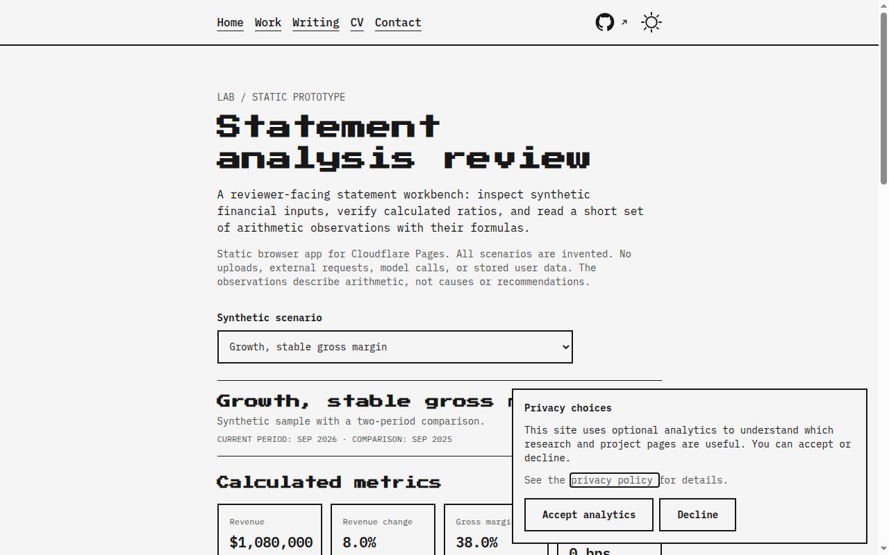 Statement review workbench with synthetic scenario selector and ratio table