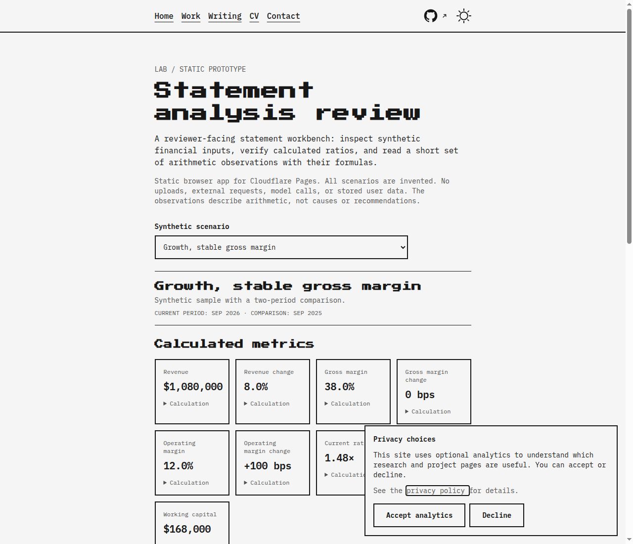 Statement review workbench showing formula traces and arithmetic observations