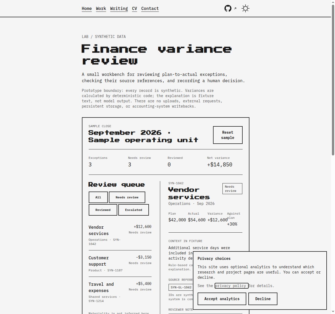 Variance workbench detail panel with source references and review actions