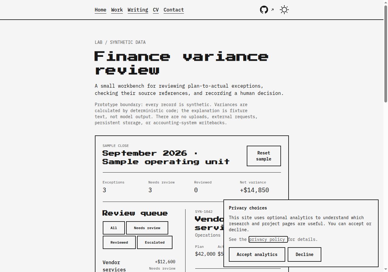Variance workbench queue showing plan-to-actual exceptions and review filters